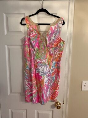 Lilly Pulitzer Pink Multicolor Floral Shift Dress with Gold Trim